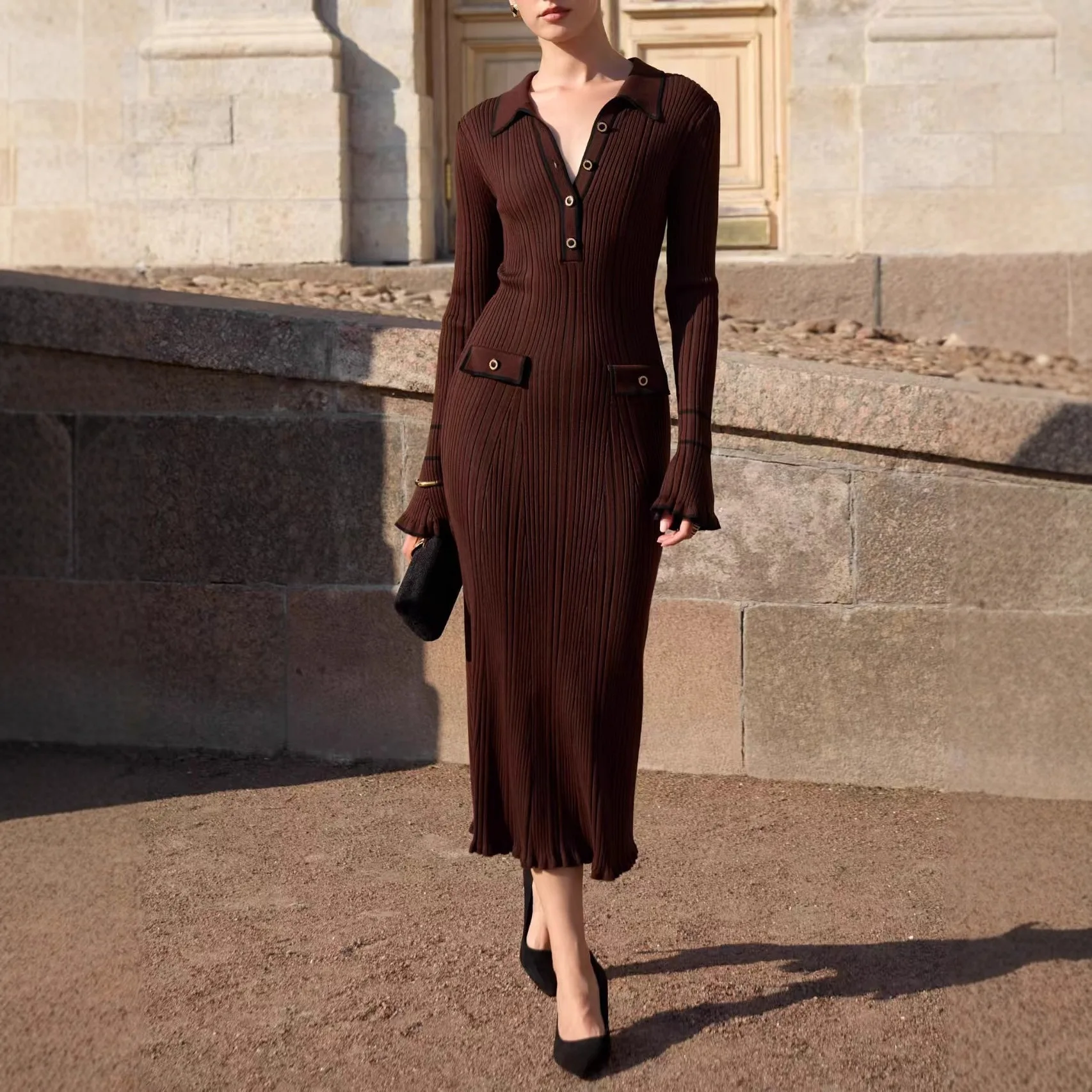 ชุดเดรสยาวปานกลางผ้าถักลายร่อง - Bodycon Long Sleeve Ribbed Dress บทวิจารณ์และราคา