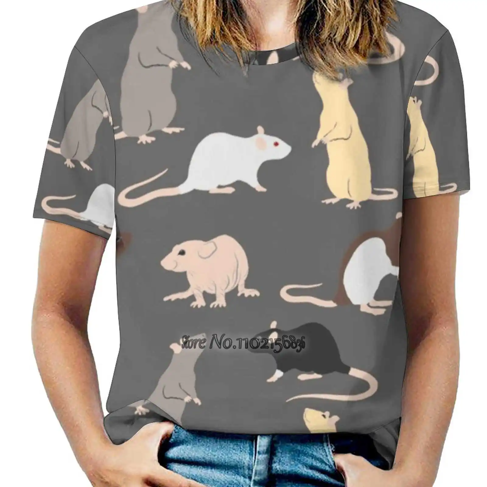 Mehrfarbige Ratten auf grauen Frauen oberteilen T-Shirt Damen lässig sexy T-Shirt zurück Schnürung Kleidung Ratten ratten grau grauweiß Ratte Albino