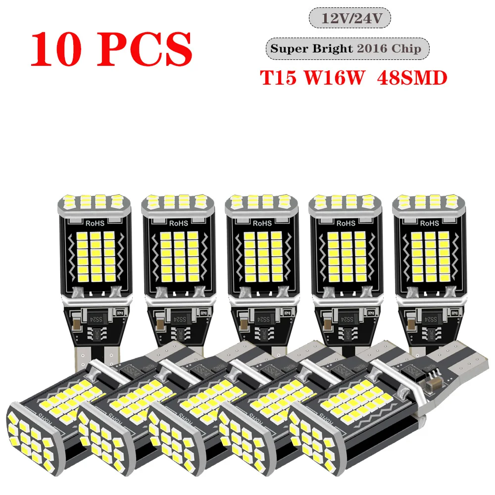 

10pcs 921 912 T15 LED W16W T16 Canbus Bulb 48SMD Car Turn Signal Reverse Backup Brake Light Auto Lamp 12V 24V White Amber Red