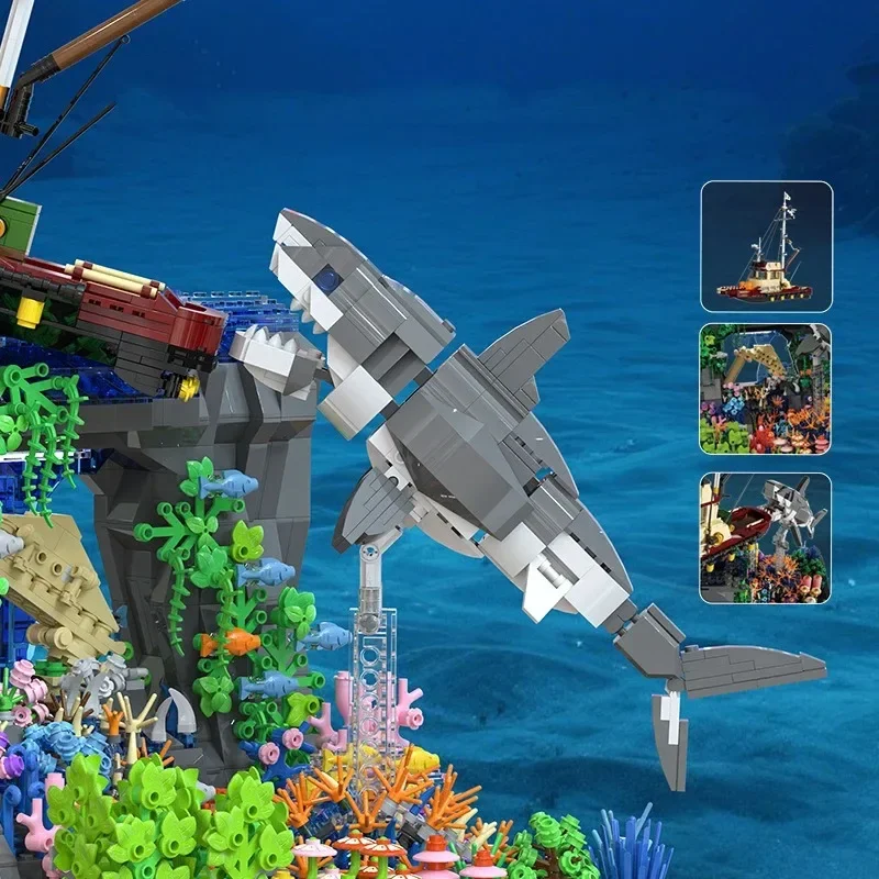 MOC Ocean Adventure Shipwreck Brick Model 2932Pcs With LED Light Giant Shark Underwater Ruins Toy Home Desktop Ornament Gift