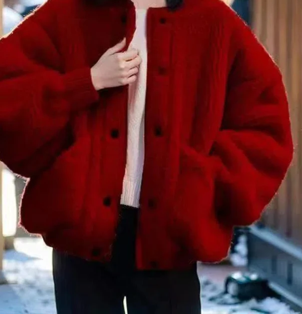 Red Zodiac Lamb Wool Coat New Year's Battle Robe Short Thick and Warm Top