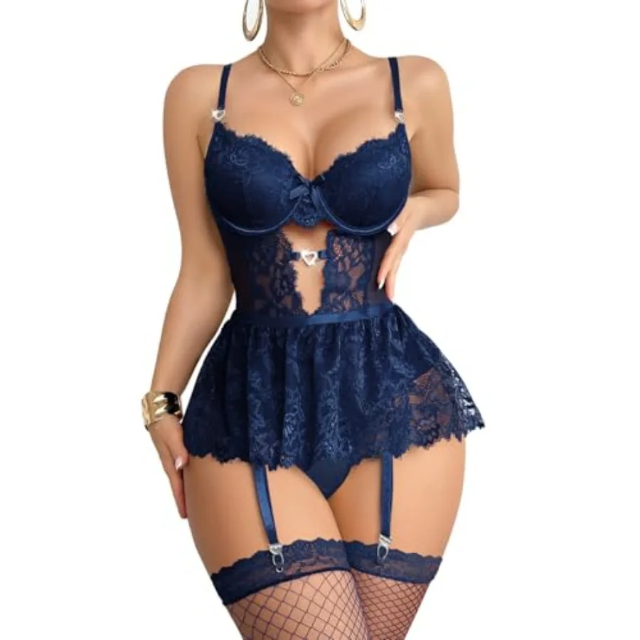 

Foxiny Sexy Stocking Underwire Push Up Rhinestones Heart Floral Lace Mesh Sheer Garter Bodysuit Skirt Lingerie Set 3 Pcs
