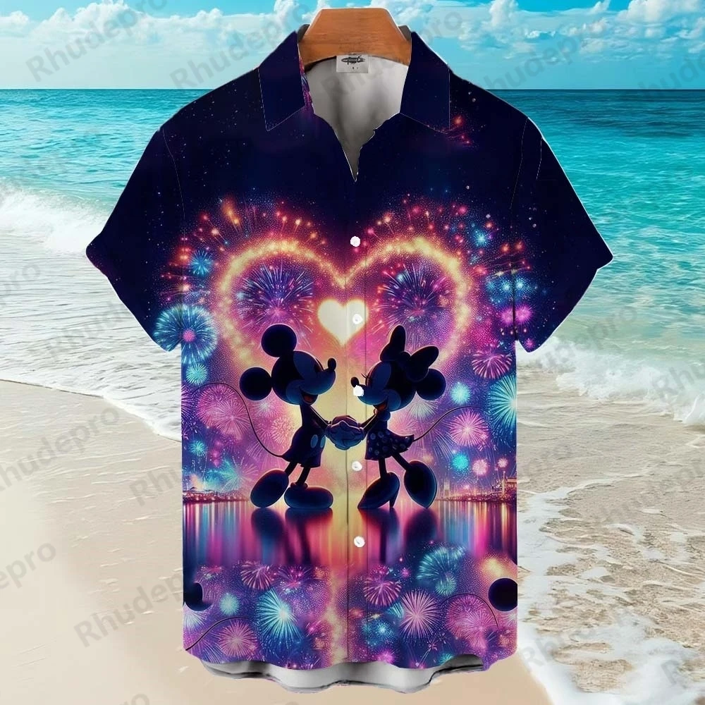 Disney 2025 Mickey Mouse Cartoon Summer Superhero Men's Short Sleeve Funny Print Casual Hawaiian Shirts Lapel Tops Shirts Loose