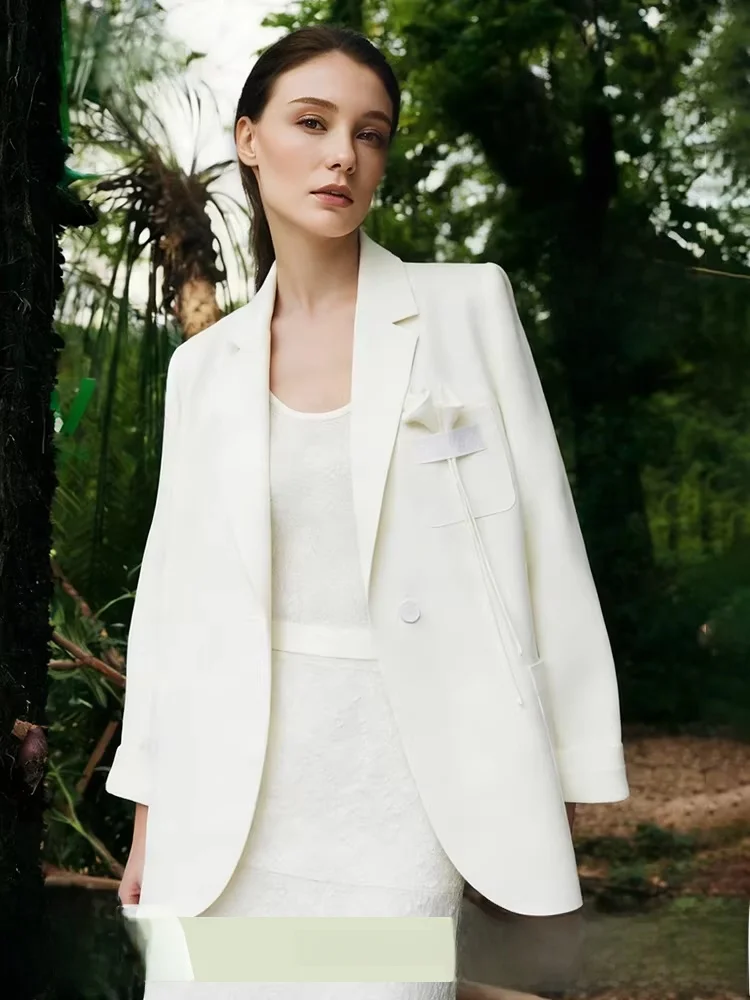 

Повседневный свободный женский костюм: новинка весеннего сезона, стиль для офиса, воротник-стойка, подплечники, 3D цветочное украшение, топ с длинным рукавом