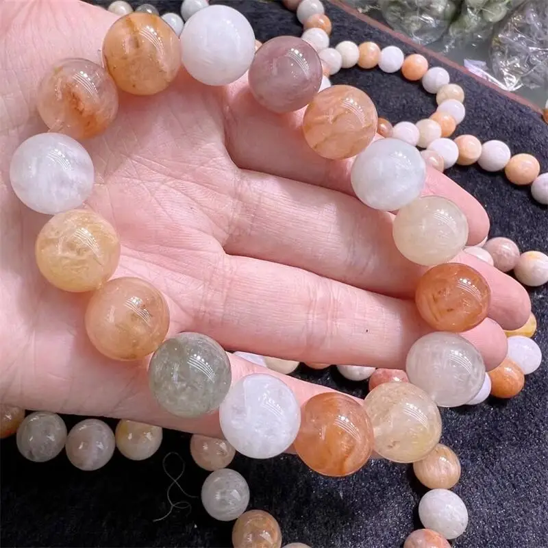 14MM Natural Colored Rabbit Hair Quartz Bracelet Round Chain Beads Jewelry For Women Friend Holiday Gift 1pcs