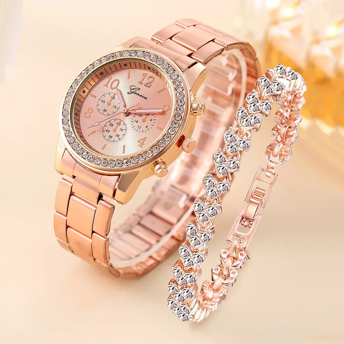 Women 2Pcs Rose Gold Geneva Rhinestone Quartz Watch Bracelet Set Crystal Heart Bracelet, Boxes Not Included