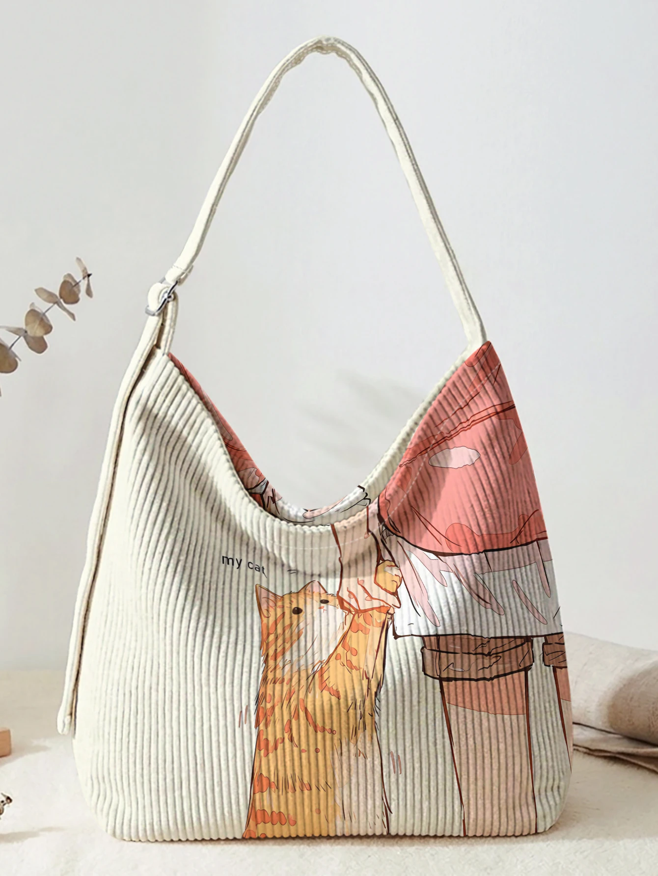 Orange Cat And Girl Print Hobo Bag, Adjustable Strap Large Capacity Shoulder Bag For Work Travel Daily Casual