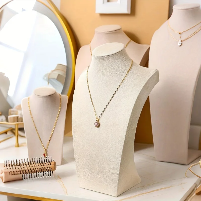 Beige Velveteen Mannequin Jewelry Stand For Necklaces & Accessories, Pearl Necklace Display Rack, Jewelry Showcase  JJ2080BZ
