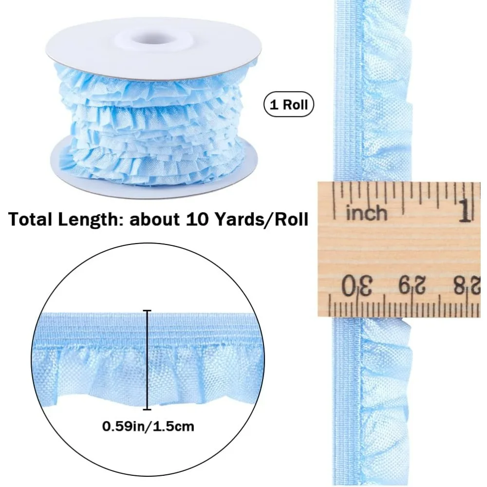 10 Yards Ruffled Elastic Trim Sky Blue Tulle Fabric Stretch Ruffle Ribbon Pleated Scallop Edge for Sewing Bridal