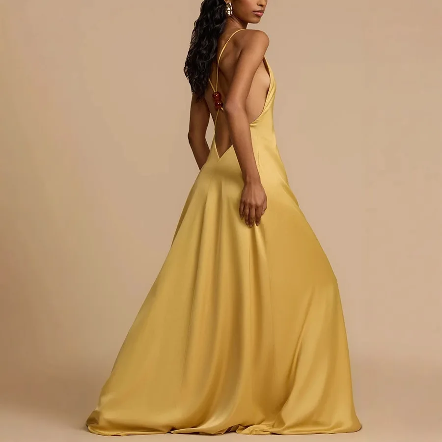 

Sexy Deep V Neck Satin Sleeveless Backless Maxi Dress Chic Slim Hem Female Holiday Long Robe for Summer