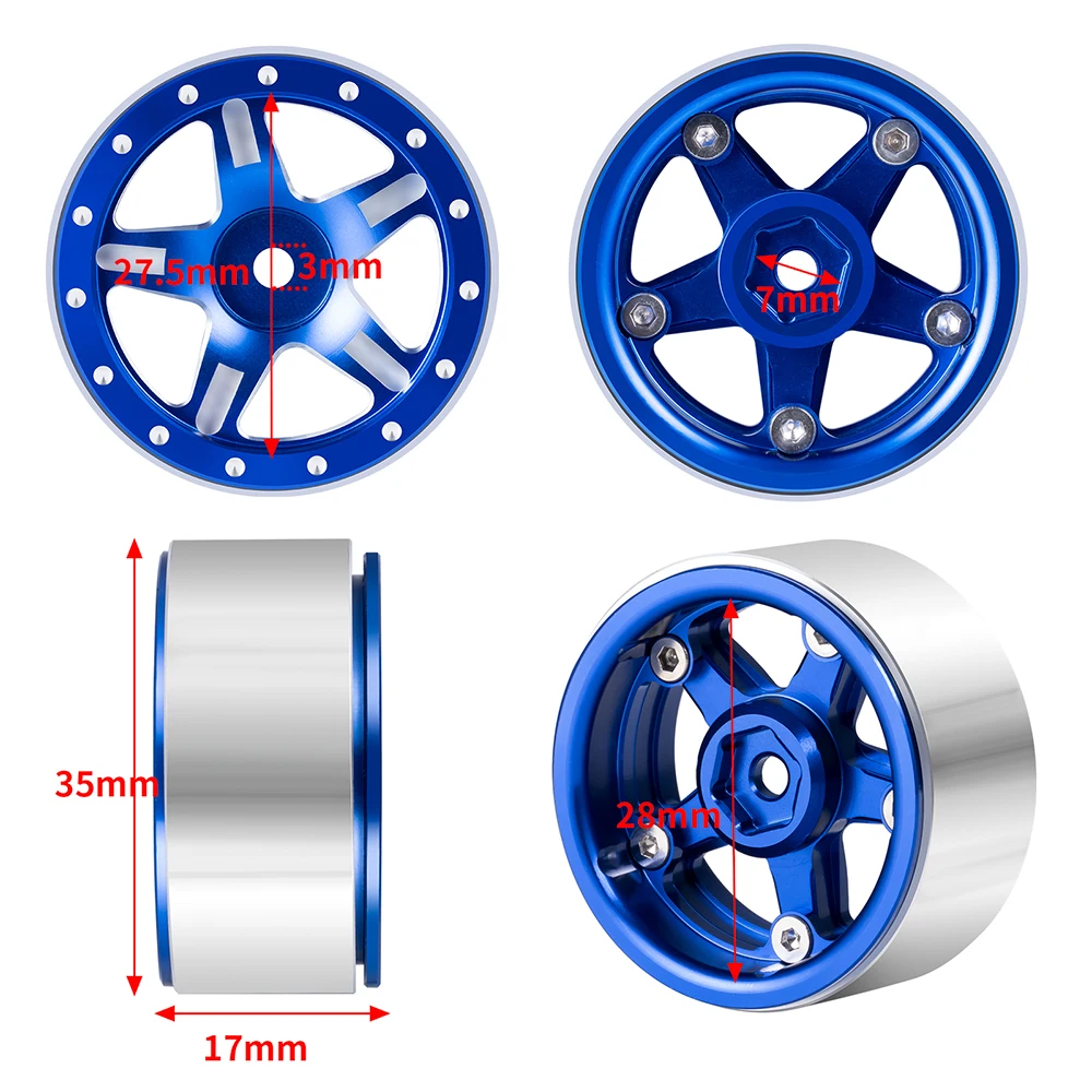 YEAHRUN 4Pcs 1.3 inch Aluminum Alloy Beadlock Wheel Rims Rubber Tires for Axial SCX24 1/24 TRX-4M 1/18 RC  Car Upgrade Parts
