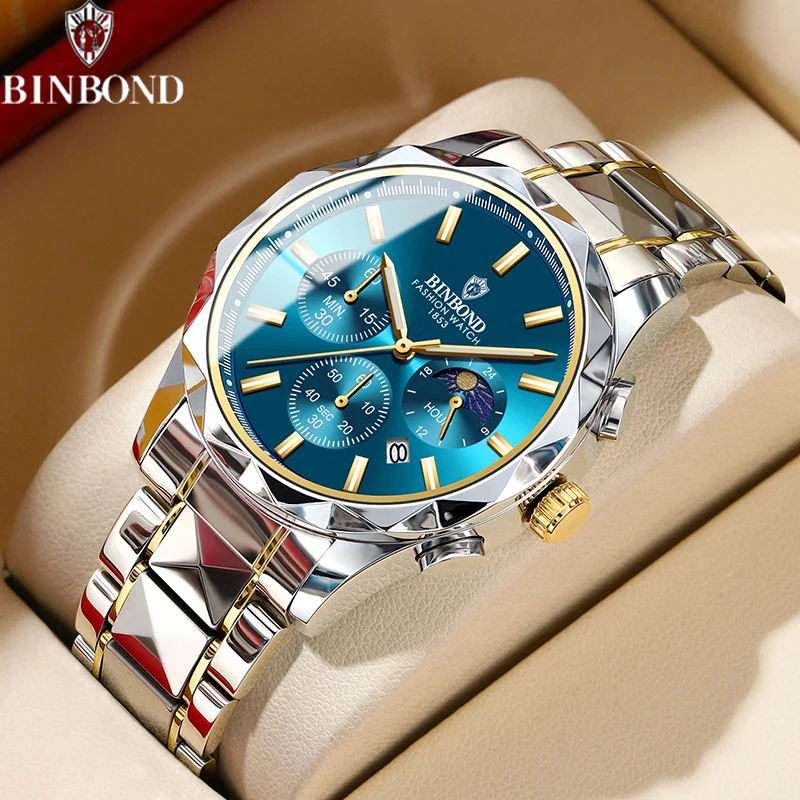 

BINBOND New Luxury Quartz Men Watch Date Waterproof Chronograph Luminous Stainless Steel Wristwatch Fashion Business Men Watches