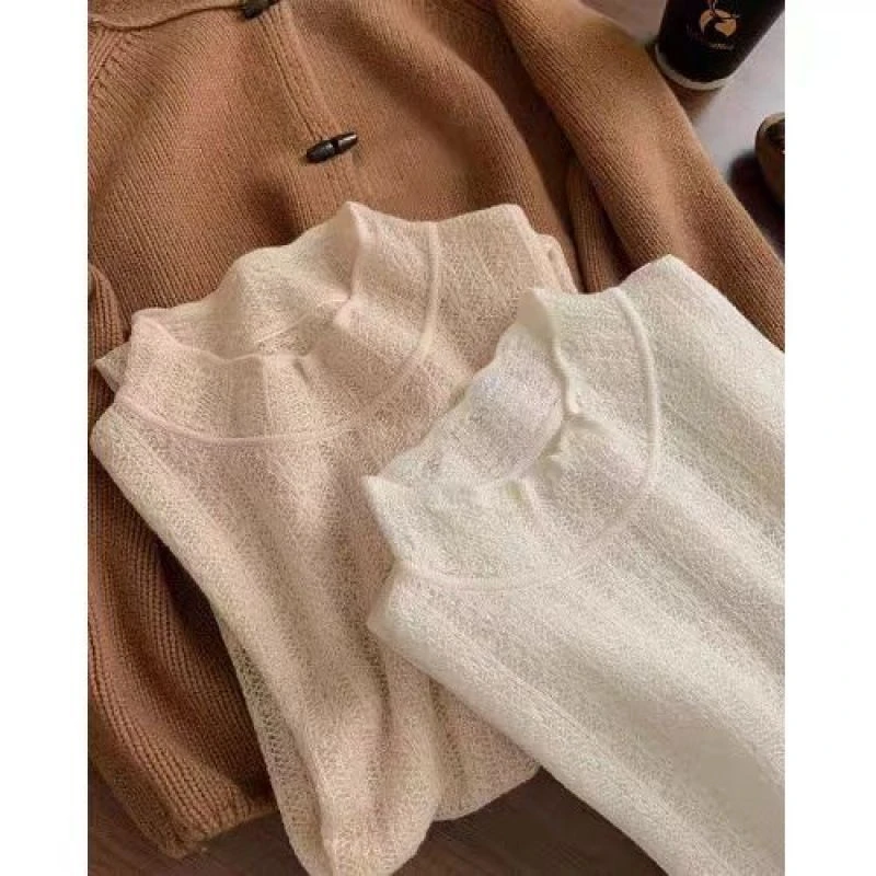 

Женский кружевной сетчатый топ с полувысоким воротником, приталенный крой, белая зима 2025 года, повседневная одежда, модная элегантная Новое поступление, модная блузка