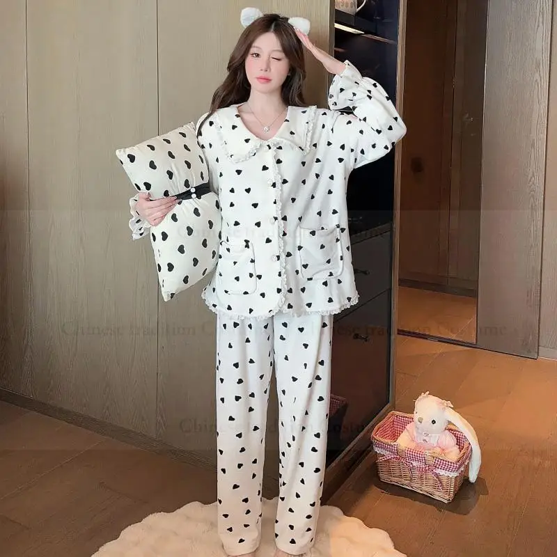 Autumn Winter New Bilayer Island Velvet Home Wear Women's Loose Pajamas Set 2Pcs Cute Print Top&pants Warm Nightwear Loungewear