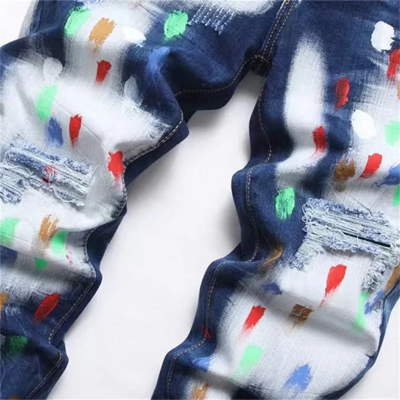 EH·MD® Painted Fingerprint Jeans Men Broken Holes High Elastic Slim Fit Feet Zipper Leather Label Speckle Wrinkle Scraping White