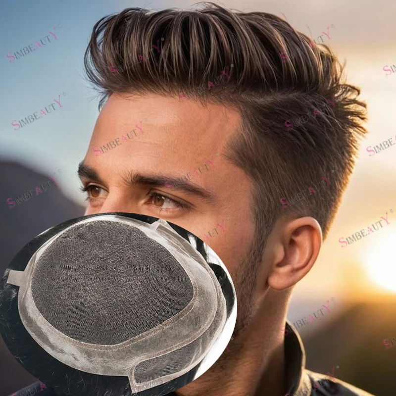 Breathable HD Swiss Lace&PU Base Men Human Hair Toupee Bleached Knots Super Durable Natural hairline Dark Brown Black Hairpieces