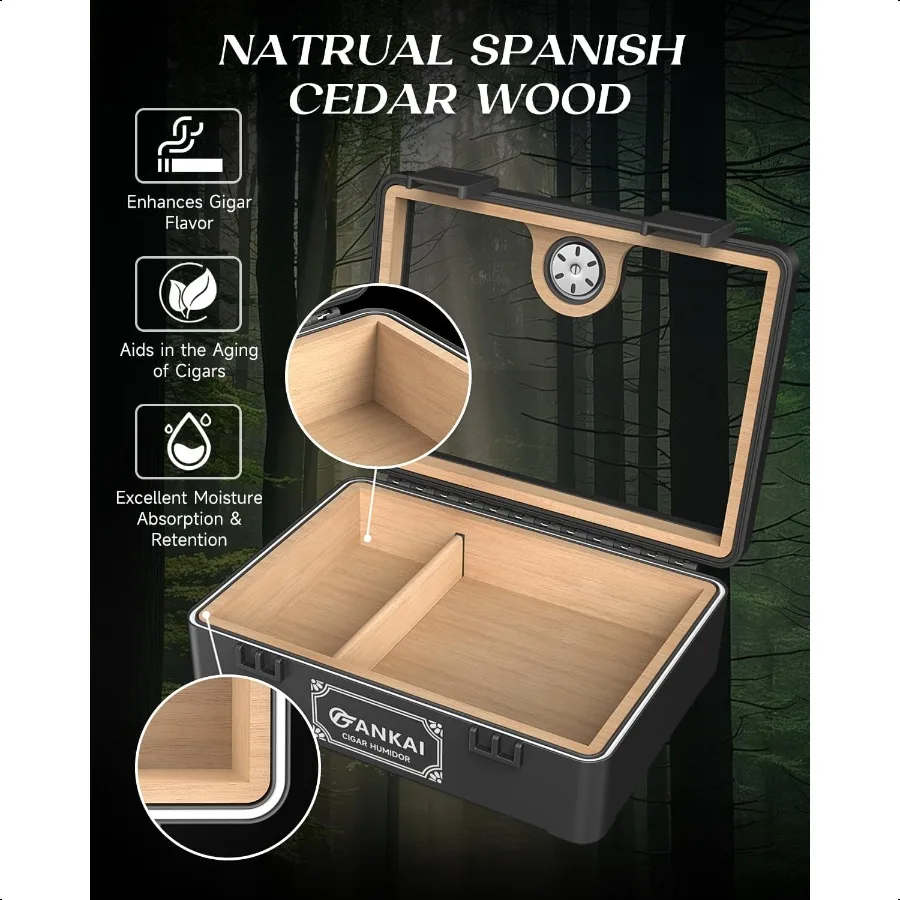 Kotak Cerutu Humidor Kaca Penuh dengan Humidifier dan Hygrometer, Anti Jatuh dan Anti Remuk, Lapisan Kayu Cedar untuk Penyimpanan