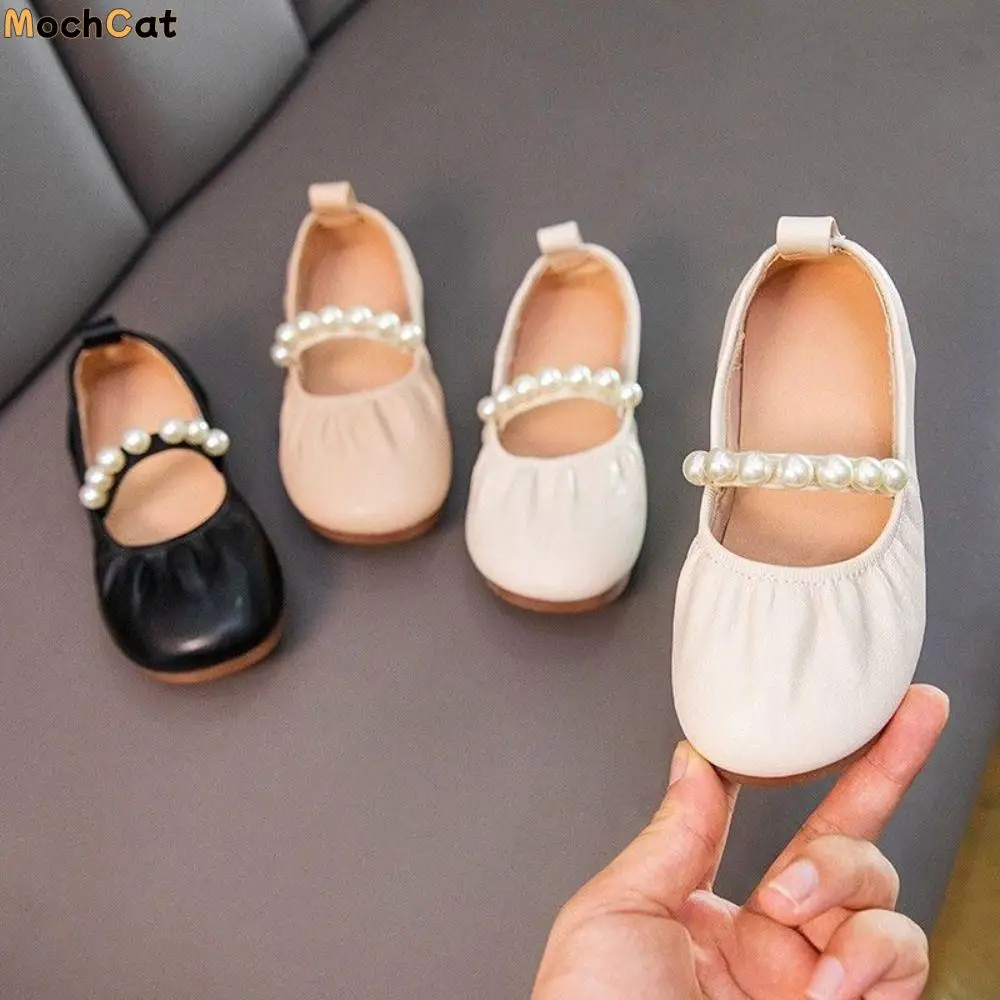 

Милые детские кожаные туфли со складками, туфли Мэри Джейн на мягкой подошве с жемчугом, легкие детские повседневные туфли без шнуровки на плоской подошве для банкета