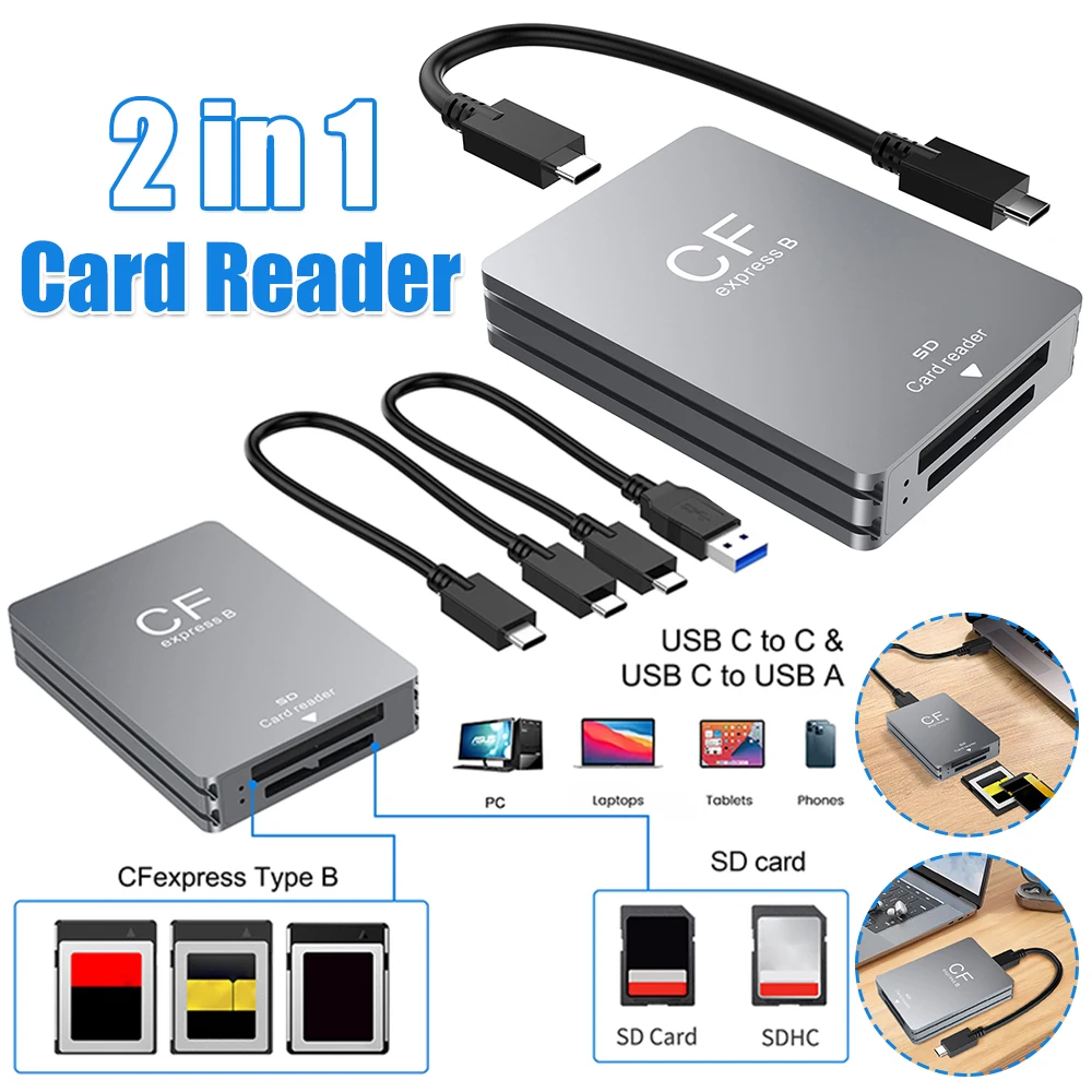 2 в 1 Устройство чтения карт SD CFexpress Type B Устройство чтения CFexpress USB 3.2 10 Гбит/с с двумя слотами и USB C-адаптером кабеля USB C/A для зеркальных фотокамер