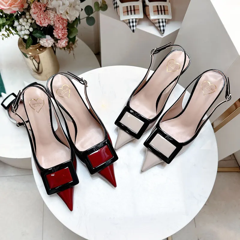 2026 new pointed color blocked square buckle high-heeled sandals with thin heels pointed sandals for women