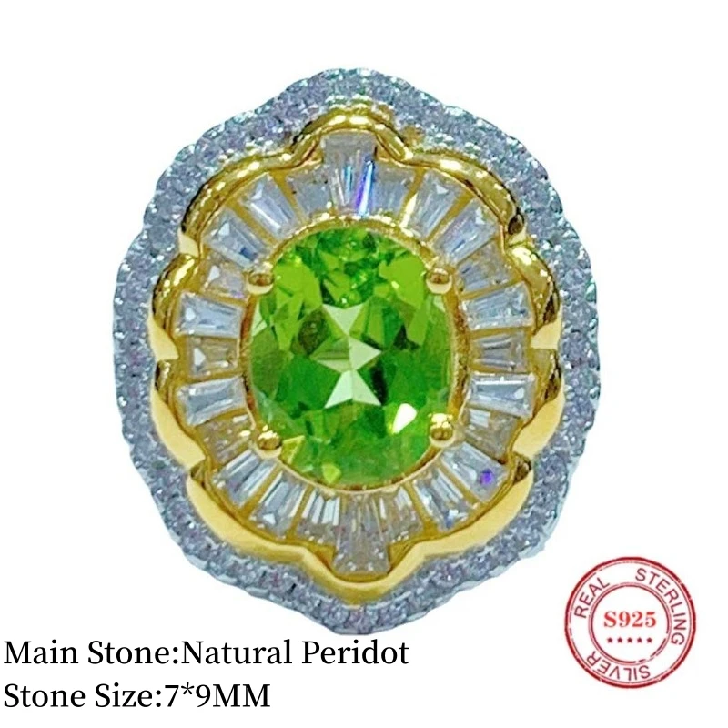 SACE GEMS New 925 Sterling Silver 7*9MM Natural Peridot Gemstone Rings for Women Engagement Cocktail Party Fine Jewelry Gift