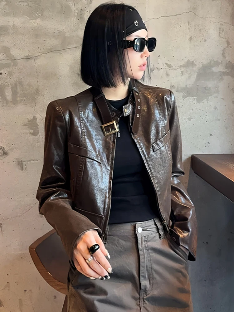 Jaet Retro único para mujer, abrigo de cuero adelgazante de aspecto joven, informal, holgado, con cierre de cremallera, otoño 2025