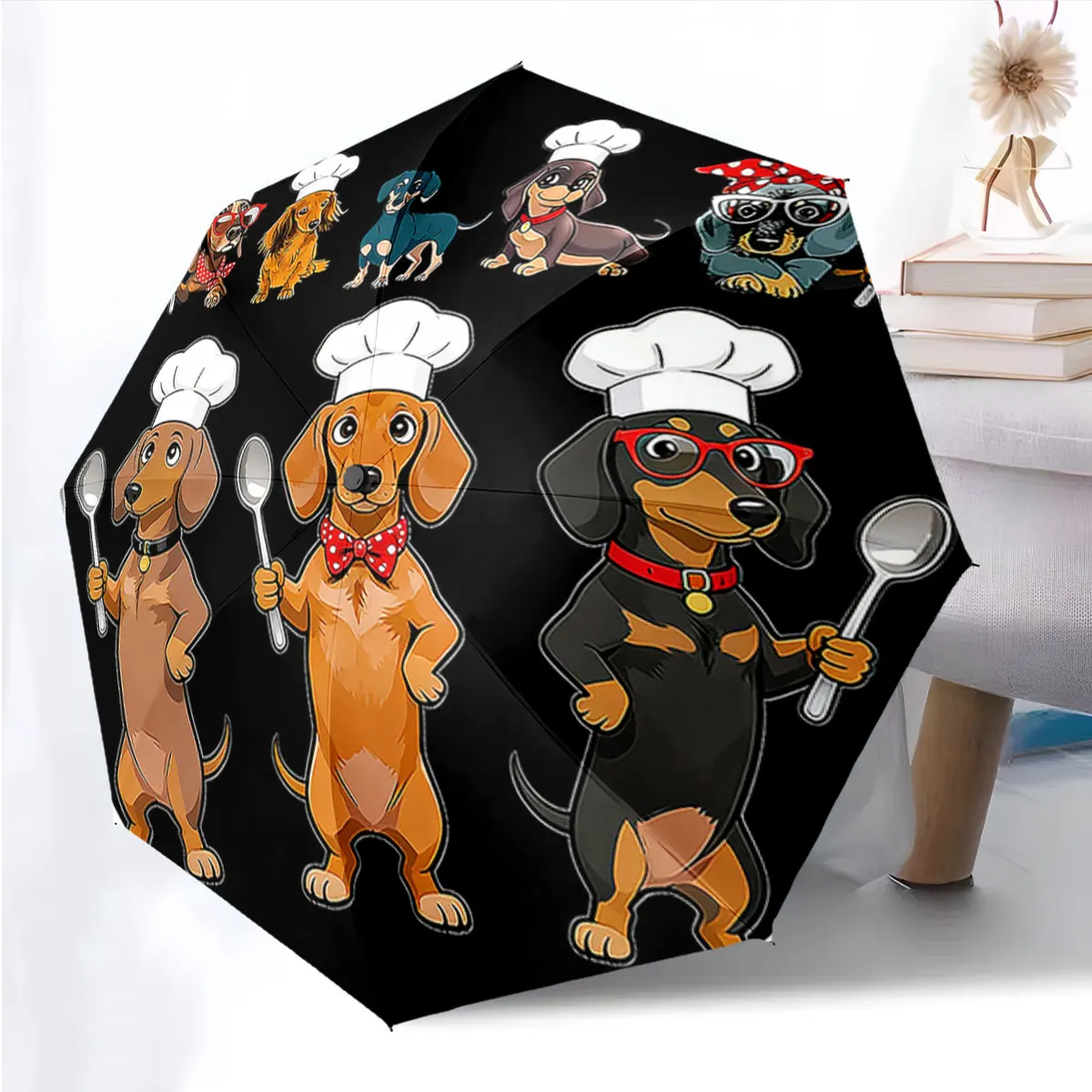 1PC Chef Dogs Parade on Black Umbrella Print 8 Iron Ribs Folding Umbrella Auto-Open Fashion Sunshade