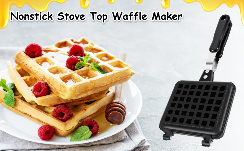 Waffle Pan Gas Stove Top Waffle Skillet with Long Handle Nonstick Waffle Skillet Portable Waffle Baking Pan 5.5inch Cast