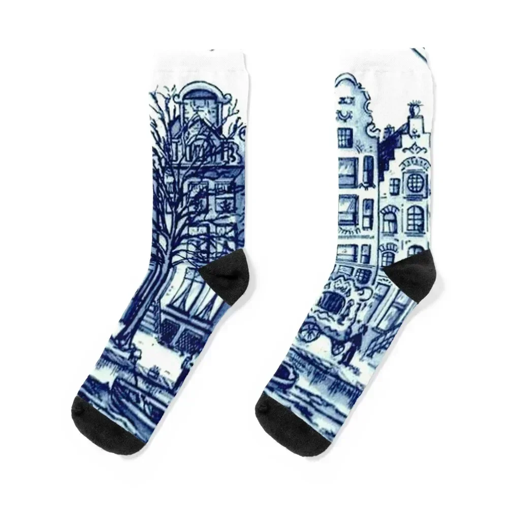 DUTCH BLUE DELFT : Vintage Boats in Canal Amsterdam Print Socks sport happy hip hop Socks Woman Men's