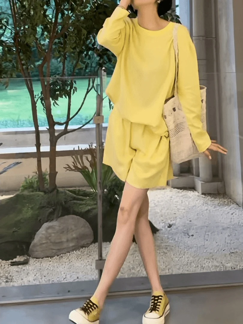 

Casual Loose Women's Summer Set Long Sleeve T-Shirt High Waist Wide Leg Shorts Two-Piece Suit Breathable Lightweight Comfortable