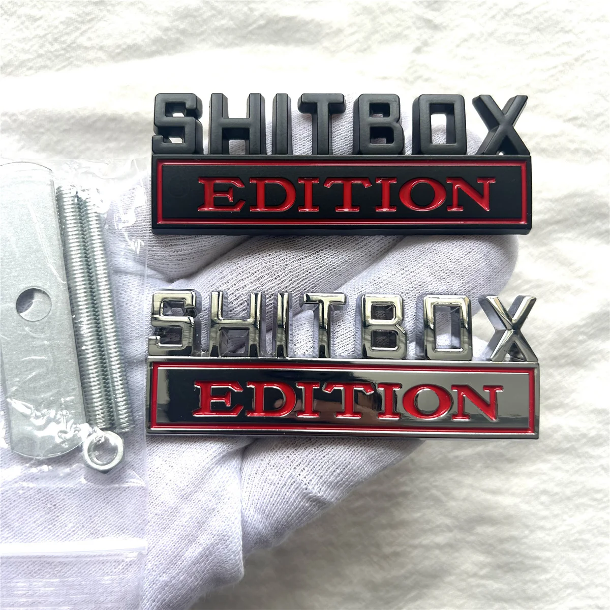 

1pc metal car logo SHITBOX Edition sticker two fixing methods paste and screw mesh front grille suitable for body decoration