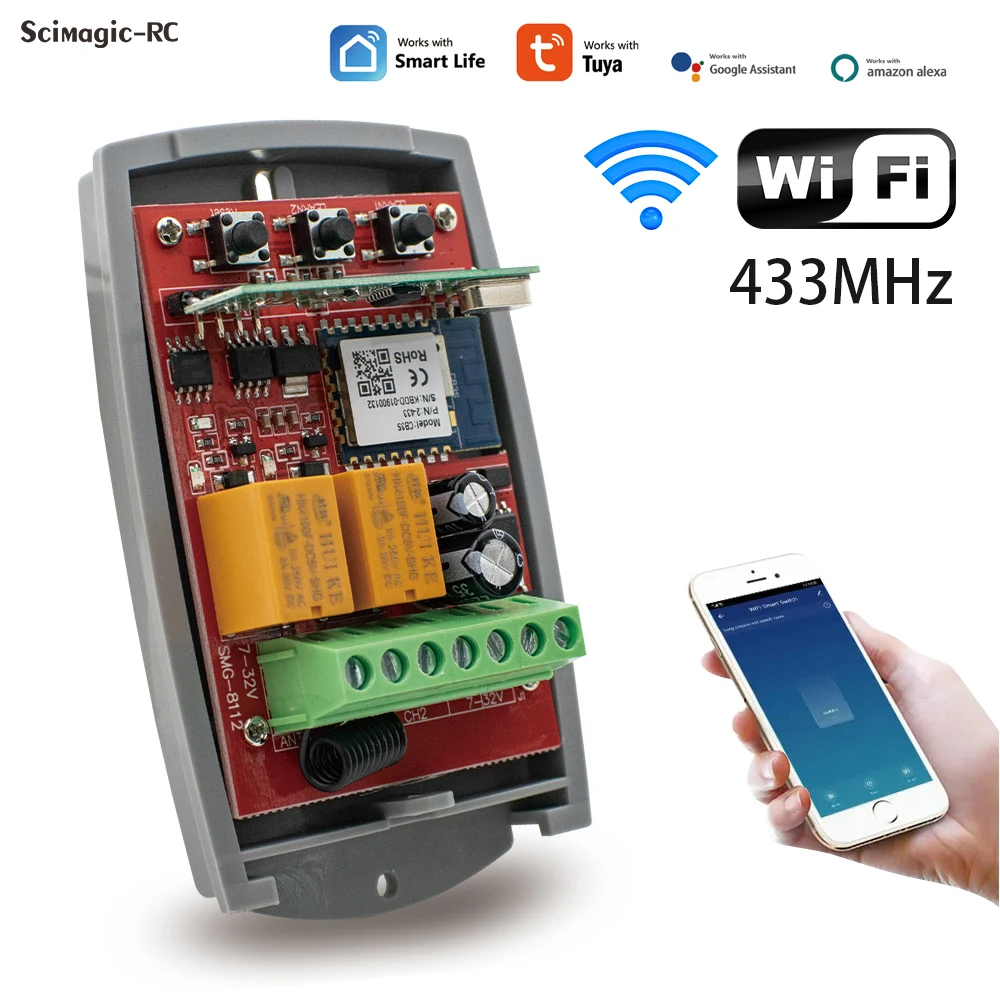 투야 와이파이 스마트 차고 문짝 오프너 리시버, 433MHz 리모컨 고정 롤링 코드, 2CH 433.92 범용 인터럽터, 7-250V 