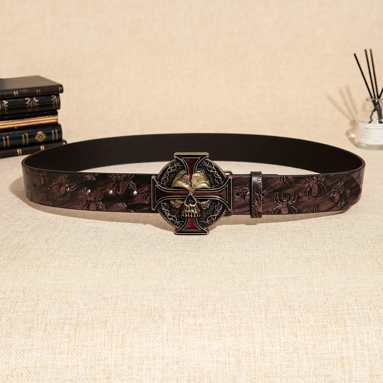 Men's coffee-colored retro dark style Y2K punk cross skull metal buckle spider pattern embossed belt, autumn and winter party ev view 3