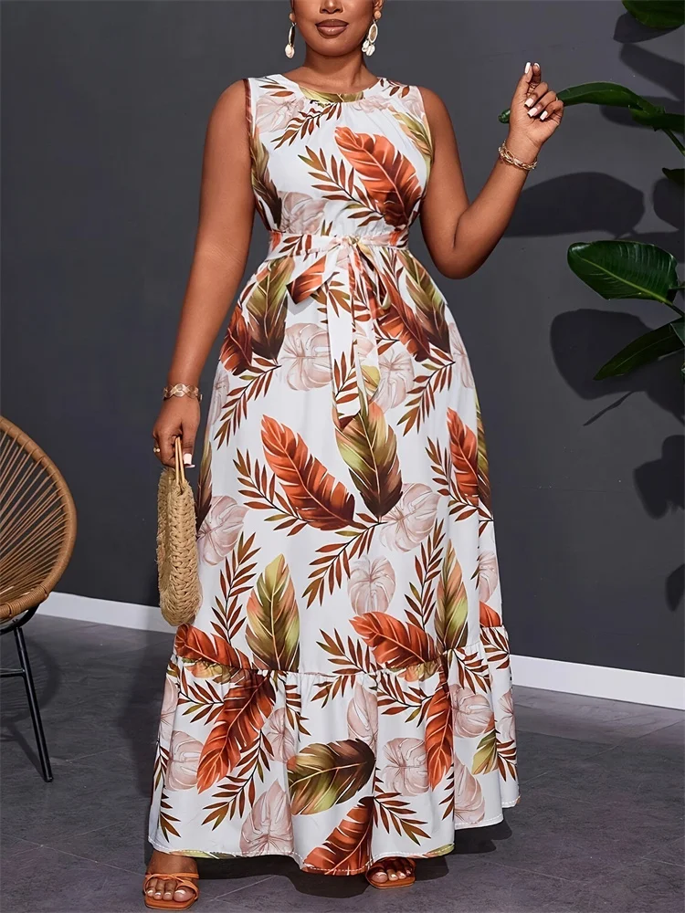 Wmstar Plus Size Dameskleding Jurk Zoete Elegante Bloemenprint Mouwloze Zomervakantie Kleding Maxi Jurken Groothandel 2025