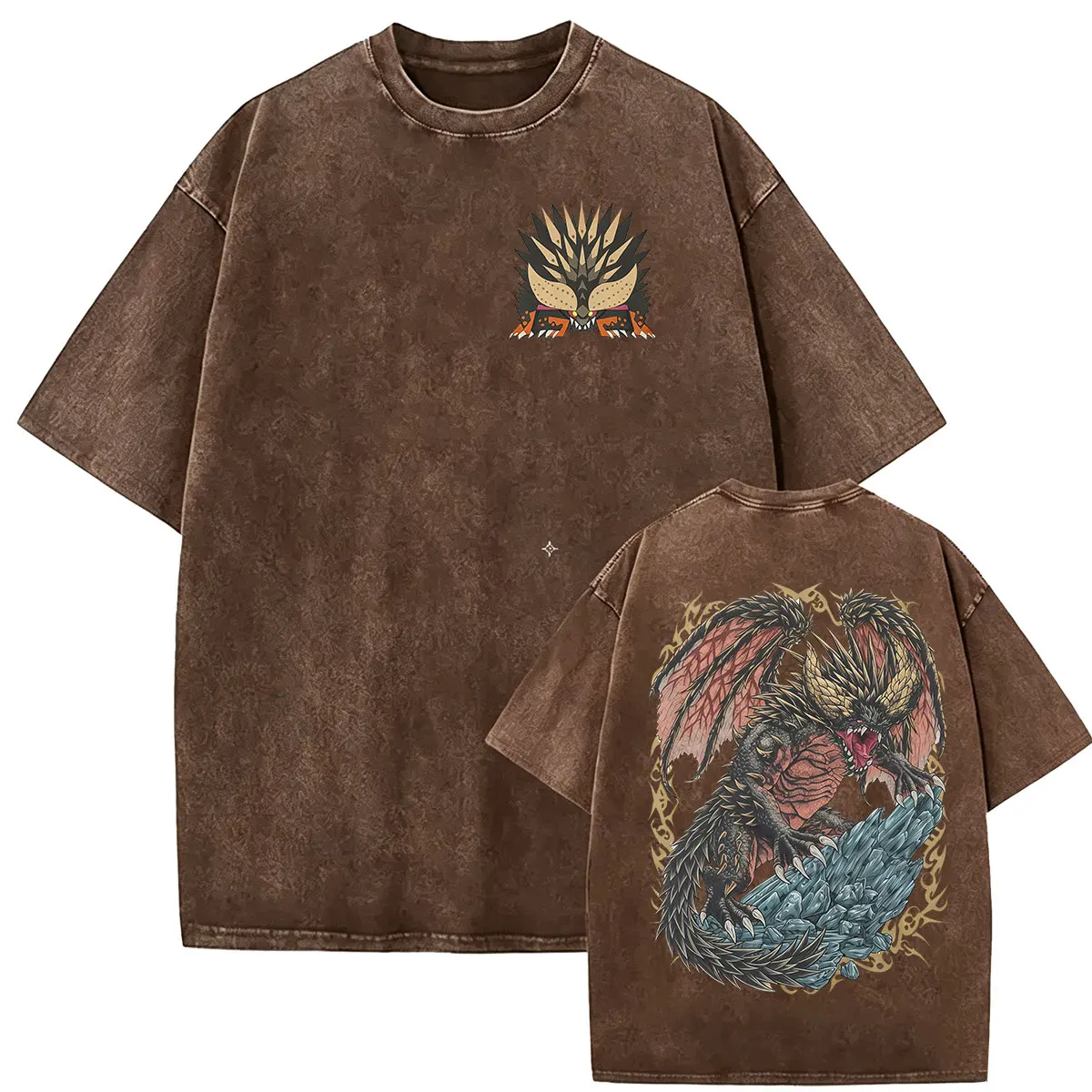 Vintage-gewaschene Monster Hunter Grafik-T-Shirts Nergigante Der Ausgestorbene Drache T-Shirt für Spielfans Herrenbekleidung Oversized Tees – Detail 5