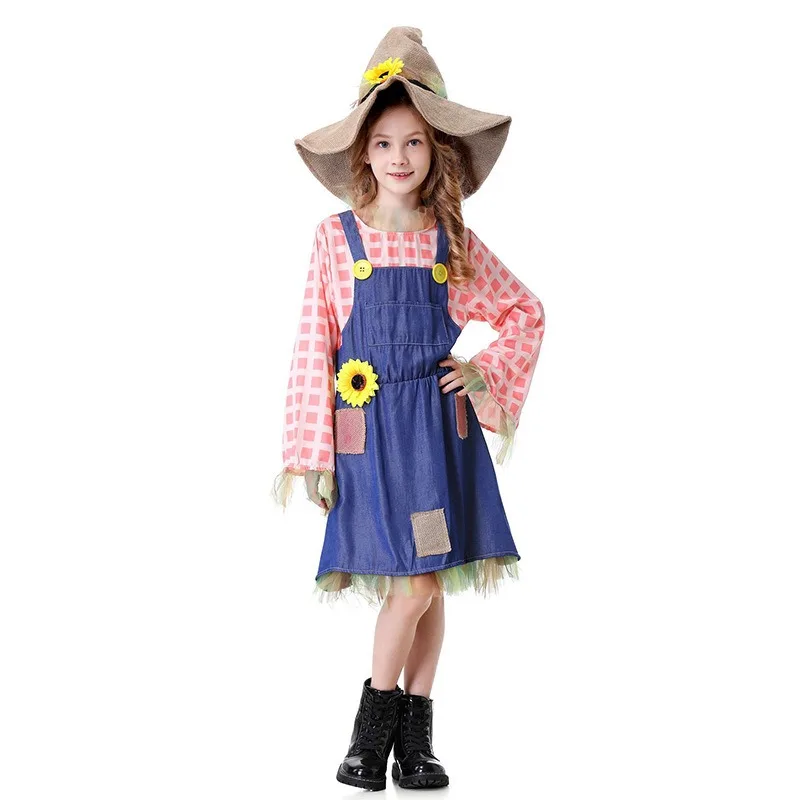 Halloween Cosplay Costume Scarecrow Print Long Sleeve Dress Performance Theme Party Role-Playing for Parent-Child Outfits