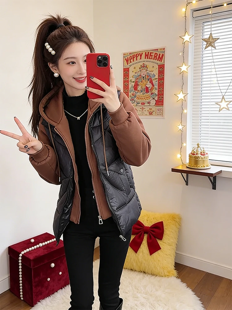 

Осенне-зимняя утепленная толстовка-куртка для женщин: модный дизайн с вставками, повседневная, удобная, с длинными рукавами, на хлопковой подкладке