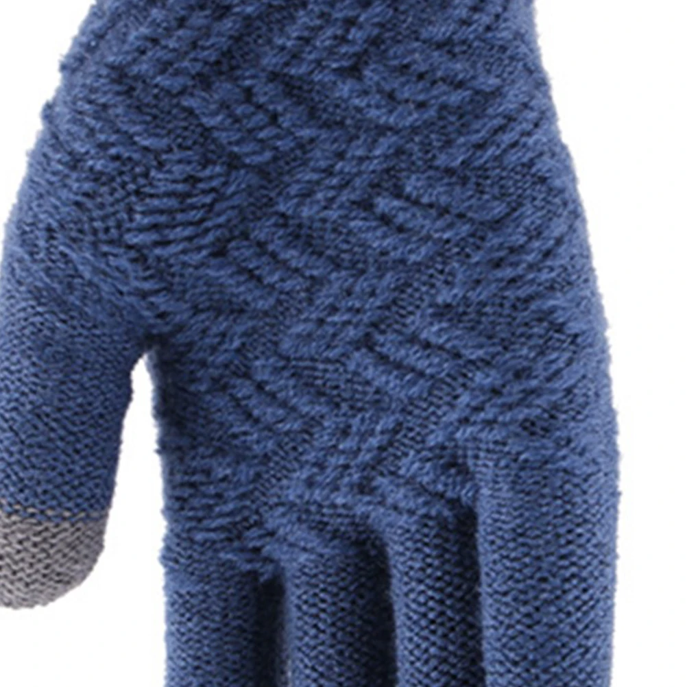 

1 Pair Touch Screen Gloves For Men Winter Windproof Knitted Warm Thick Soft Gloves Blue Outdoor Use Fingertip Design Easy Wash