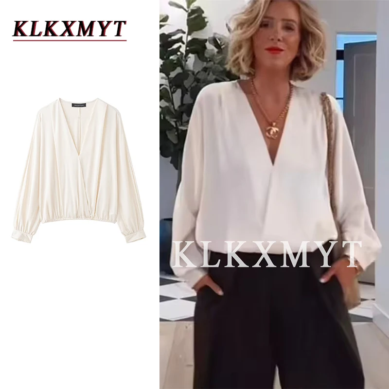 

Spring New Women's Chiffon White V-neck Blouse Long-sleeved White Temperament Office Lady Top Elegant Female Commuter Shirt Chic
