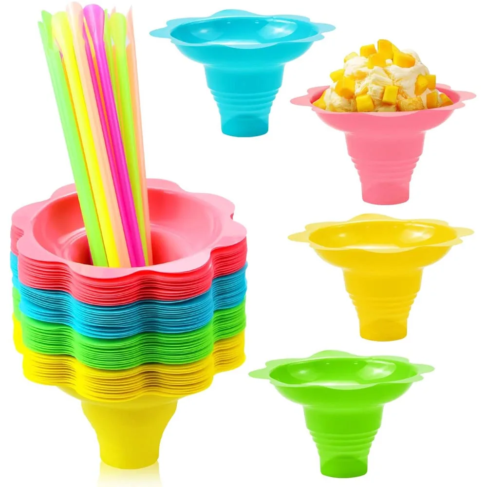 Colorful Flower Snow Cone Cups with 50 PCS Cone Spoon Straws,Small Reusable Plastic Shaved Ice Drip Cups Snack Ice Cream Bowls