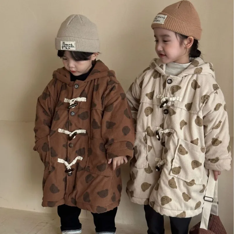 2023 Winter Kids cartoon bears corduroy warm Coats Boys Fur Lining thicken Mid-length hooded jackets Girls claw button outerwear