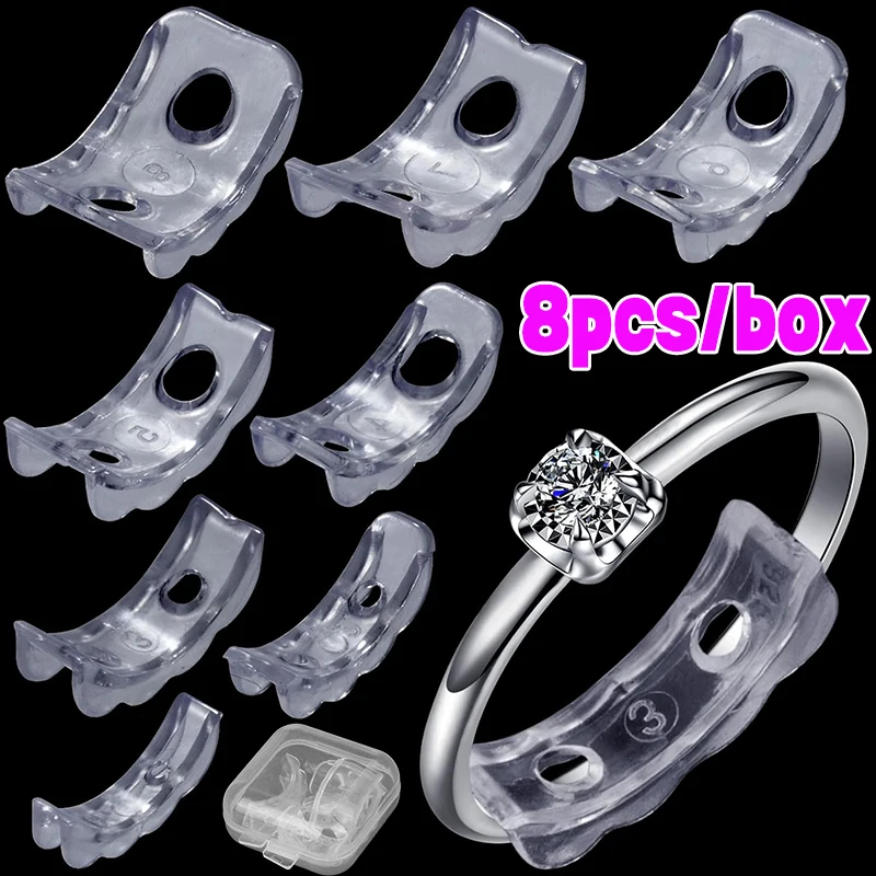 8pcs/box Silicone Invisible Clear Ring Size Resizer Set Loose Rings Reducer Ring Sizer Fit Any Rings Jewelry Tools Tightener