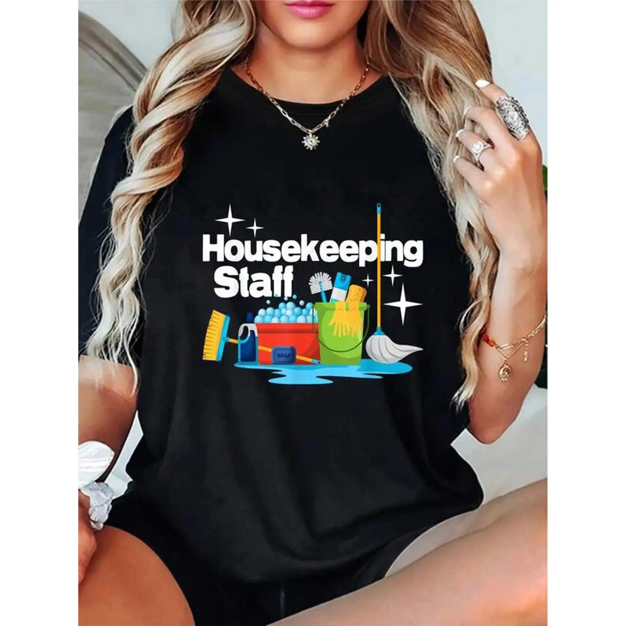 

Housekeeping Staff T-Shirt Women's Funny Cleaning Crew Tee Janitor Custodian Worker Gift Print Top Uniform