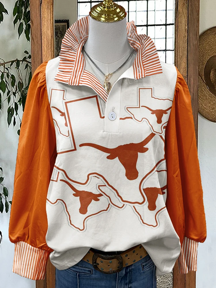 Gameday Longhorns Print Stripe Puff Sleeve Shirt