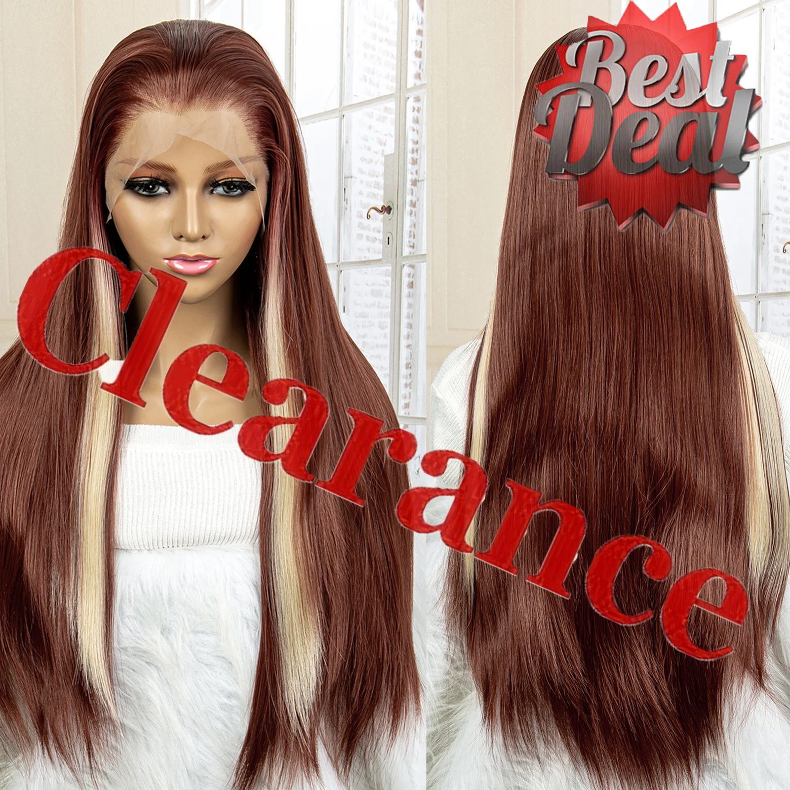 

Long Straight Synthetic Lace Front Wigs Brown Wigs Blonde Highlight 13X4 Lace Wigs for Women Synthetic Fiber Wig for Daily Party