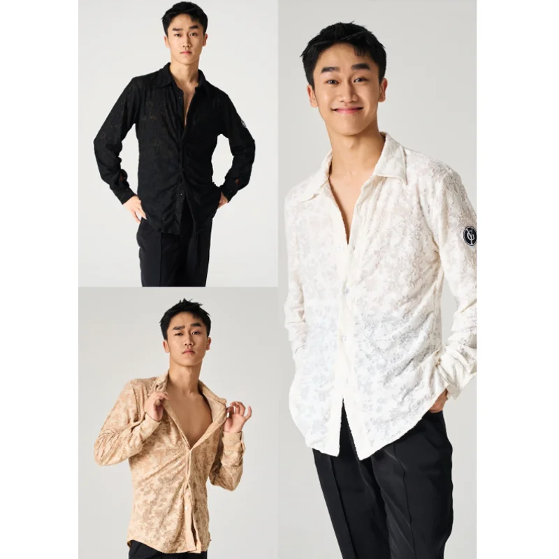 

Новые мужские рубашки для латинских танцев, топы с длинными рукавами, мужская одежда для ча-ча, румбы, самбы, сальсы, танцевальная одежда, одежда для выступлений, DNV25809