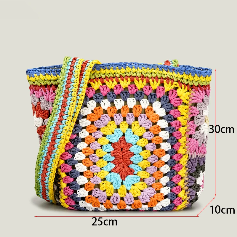 Imagem -06 - Bolsas Abertos de Crochê Manual para Mulheres Bolsa de Papel Grande Bolsa Oca Cor Arco-íris Alça Superior Moda Verão