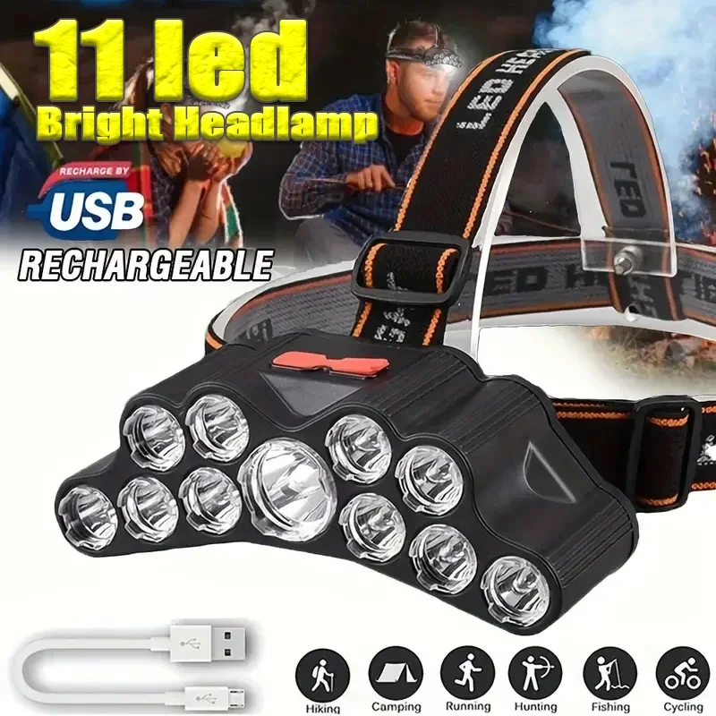 11 LED Headlamp Strong Light Head Lamp USB Rechargeable Headlight Built-in 18650 Battery Fishing Flashlight Outdoor Lantern