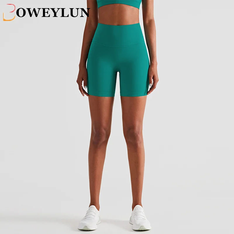 

BOWEYLUN Naked Summer Fitness Yoga Shorts Women High Waisted Tummy Lifting Hip Tight Solid Color Sports Three Pants Female