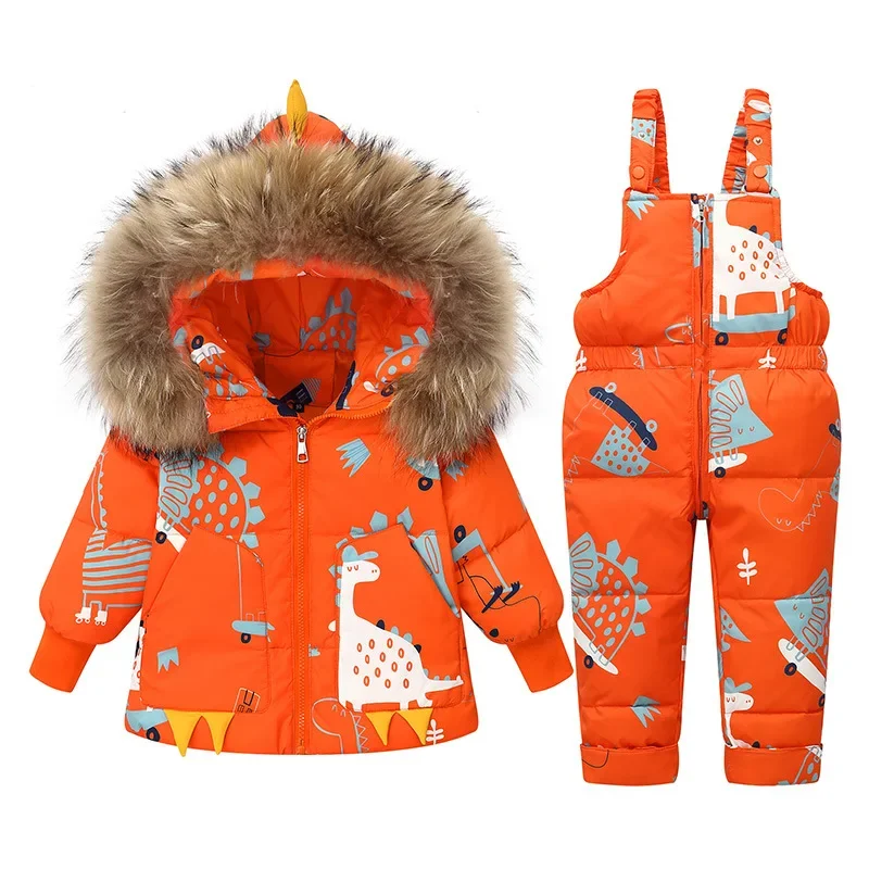Kids Winter Jacket Cartoon Clothing Set Real Fur Collar Boy Winter Coat Girls Outerwear Warm White Duck Down Feather 1-5Y